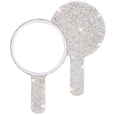 Framendino, 1 Pack Rhinestone Handheld Mirror Round Bling Glitter Cosmetic Dazzling Portable Hand Mirrors with Handle for Women White
