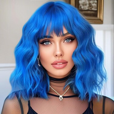 Short Bob Wavy Wig with Bangs for Women Blue Color Wigs for Women Loose Curly Shoulder Length Bob Curly Women's Charming Synthetic Wigs Style Synthetic Fiber Wig (Blue 12 Inch)