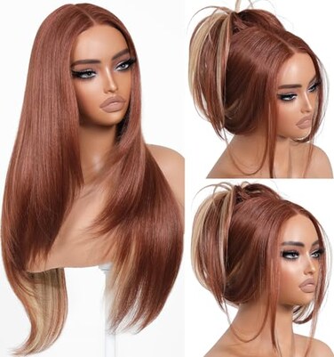 Cooper Blond Wear and Go Glueless Wigs Pre Plucked Pre Cut for Beginners Synthetic Lace Front Wigs For Woman With Bangs Long layered Straight 26 Inch Ginger Highlights 3 Seconds to Wear