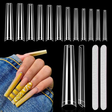Long Clear Coffin Nails Tips: 504Pcs XXXL Extra Long No C Curve Nail Tips Coffin - Half Cover Gel Acrylic Nail Tips for Women Salons Home DIY with 2 Nail Files