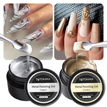2pcs 5ml Metallic Painting Gel Kit, Gold and Silver Mirror Chrome 3D Effect Gel Nail Polish Metal Painted Drawing Stripper Glossy Soak Off UV/LED DIY Nail Art Manicure