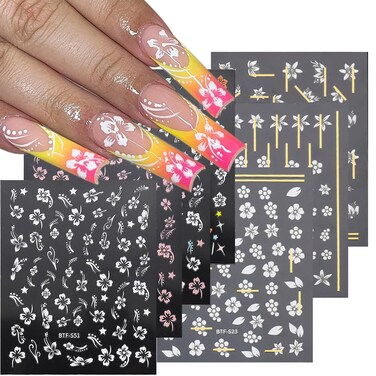 3D Hibiscus Flower Nail Decals - Summer Nail Art Decoration, Pink &amp; White Flowers, Tropical Leaves, Acrylic Nails