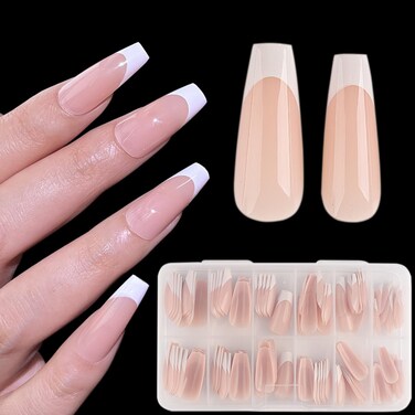French Tip Press On Nails, 120Pcs Nude Pink Square Full Cover French Nail Tips, Medium Length False Nail Tips, UV Finish Reusable Fake Tips, Fake Nails For Women Girls