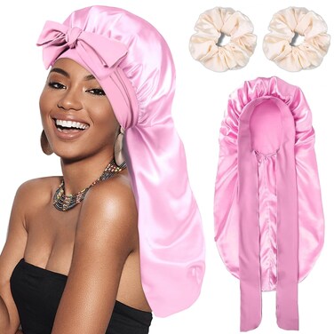 Silk Satin Hair Bonnet for Sleeping - Bonnets for Braids Black Women Curly Hair,Silk Hair Wrap for Sleeping,Tie Band Long Big Silky Sleeping Cap with 2 Pcs Satin Scrunchies(Pink)