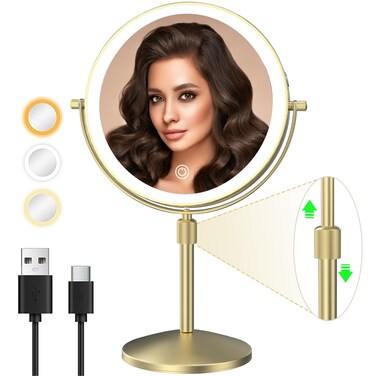 8" Lighted Makeup Mirror, 1X/10X Magnification Mirror with Lights, Double Sided Dimmable Mirror, Rechargeable &amp; Brightness &amp; Height Adjustable, Cordless Vanity Mirror(Gold)
