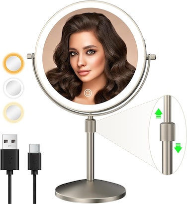 8" Lighted Makeup Mirror, 1X/10X Magnification Mirror with Light, Double Sided Dimmable Mirror, Rechargeable &amp; Brightness &amp; Height Adjustable, Cordless Vanity Mirror(Brushed Nickel)