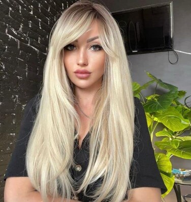 LANOVA Platinum Blonde Wig with Bangs, Straight Long Hair Wig, Blond Wig with Front Cut Bangs, Synthetic Wigs for Women, 613 Wig with Fringe, LANOVA-156
