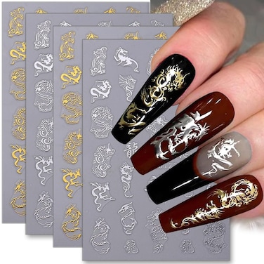 3D Gold Silver Dragon Nail Art Stickers for Nail Designs Bronzing Dragon Nail Stickers for Nail Art Metallic Dragon Nail Decals Dragon Stickers for Nails Chinese Dragons Nail Sticker Nail Supplies