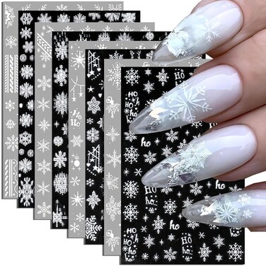 8pcs White Snowflake Nail Stickers Christmas Nail Art Stickers Winter Snowflake Stickers for Nails Christmas Nail Decals for Nail Art Supplies Xmas Snowflakes Nail Decorations Women Nail Accessories