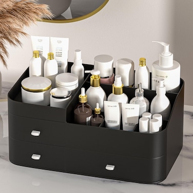MIUOPUR Makeup Organizer for Vanity, Large Capacity Desk Organizer with Drawers for Cosmetics, Lipsticks, Jewelry, Nail Care, Skincare, Ideal for Bedroom and Bathroom Countertops - Large Black