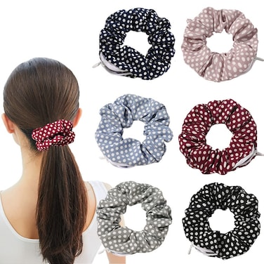 Pocket Scrunchies for women Hair Ties with Hidden Zipper Stash Scrunchy Ponytail Holder (6 PCS Polka)