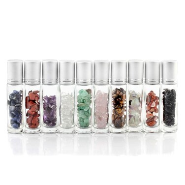 Natural Gemstones 10ML Essential Oil Roller Bottles Clear Glass Roll-on Bottles Gemstone Perfume Sample Vials with Crystal Stone Roller Balls &amp; Healing Crystal Chips Inside 10PACK