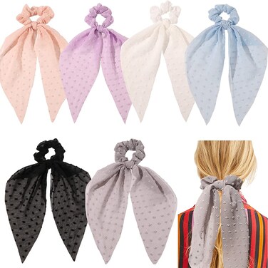 Long Hair Scarf Scrunchies Satin Silk Hair Ribbon Bow Scrunchies for Women Girls, Black Bowknot Hair Ties Bands 6Pcs Elastics Ponytail Holder (6 Pcs Donut Hair Ties)
