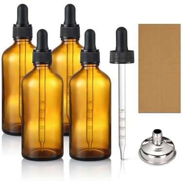 4 Pack, 100ml Dropper Bottles with 2pcs Glass Pipettes(1ml) - Essential Oils Bottles for Health, Personal Care &amp; Beauty - 3.4oz Thick Dark Amber Glass Tincture Bottles with Eye Droppers, Leakproof