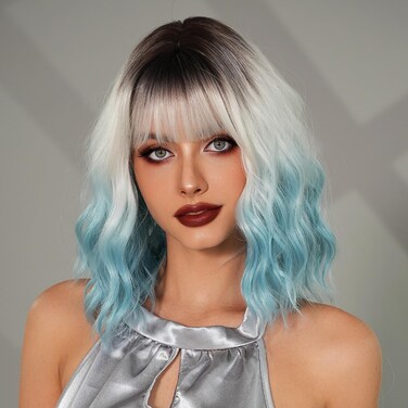 PARK YUN Short Bob Wavy Wig With Bangs Colored Wigs For Women Ombre Overnight Wigs Silver Blue Ombre Wig Heat Resistant Synthetic Hair Fiber For Party Club Daily Wearing Gift 15 Inch