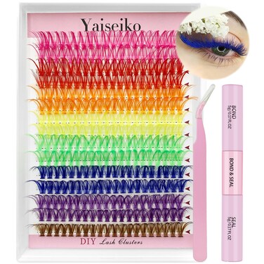 Colorful Lash Extension Kit with 300 Pcs 40D Colored Lash Clusters, Bond and Seal and Applicator 14 16mm Color DIY Eyelash Individual Lashes for Beginners Self Application DIY at Home, by Yaiseiko