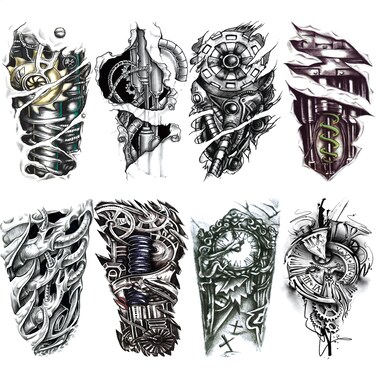 3D Cool Mechanical Temporary Tattoo for Men, Large Half Sleeve Black Realistic Steampunk Gear Wheel Fake Tattoo Adult Teen Boy, Big Robot Arm Clock Temp Tatoo Sticker Arm Body Art Makeup, 8-Sheet