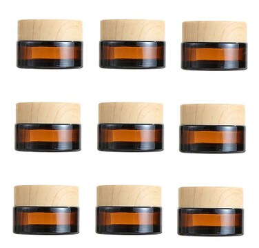 10 Pcs 15ml/15g Empty Sample Jars Amber Glass Cream Jar Bottle with Wood Grain Lid Cosmetic Container Glass Cream Box Refillable Glass Cream Jar Pot for Salve Lotion Face Eyeshadow Lip Balms