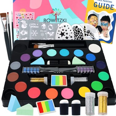 Bowitzki Face Paint kit-18 Colors, Split Cake Face Paint, Hair Chalks, Brushes, Sponges, Glitters, Gems, Reusable Stencils,Professional Non-Toxic Halloween Party Makeup Body &amp; face Painting