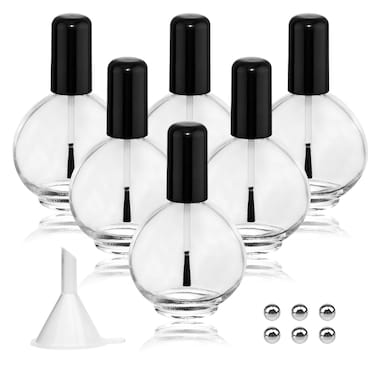 6PCS Large Capacity 75ML Empty Nail Polish Bottles with Brush, Large Spherical Refillable Glass Cuticle Oil Bottles Containers with Funnel &amp; Mixing Balls 2.6oz for DIY Nail Art Cuticle Oils (Black)