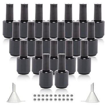 Empty Gel Nail Polish Bottles, 15ML Empty Nail Polish Bottles with Brush, Opaque Round Refillable Fingernail Polish Bottles UV Safe with Mixing Balls &amp; Funnels, Pack of 20 (Bright black)
