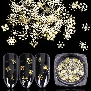 Gold Snowflake Nail Art Glitters Sequins 3D Christmas Nail Sequins Metal Winter Snowflake Nail Glitters Flakes Holographic Christmas Nail Art Accessories Xmas Nail Sticker Decals Makeup DIY Decoration