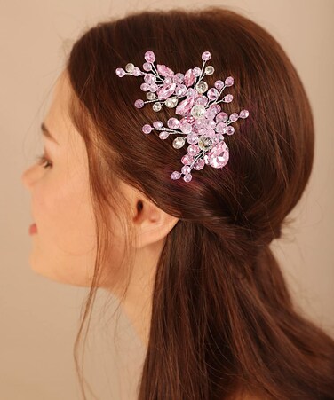 Xerling Rhinestones Hair Accessories for Women Wedding Pink Crystal Hair Clip Bridal Side Comb Hair Jewelry (Pink)