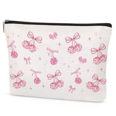 Coquete Makeup Bag Pink Bow Disco Makeup Bsg for Teen Girls Preppy Cosmetic Bags Gift Trendy Cute Aesthetic Stuff Travel Toiletry Bag for Women Birthday Chrismas