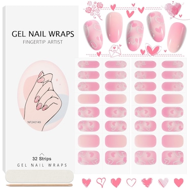 EBANKU 32PCS Valentine's Day Pink Heart Nail Wraps Semi-Cured Gel Nail Strips Nail Art Stickers Decals for Women Girls UV/LED Lamp Required