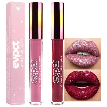 evpct 2Pcs Mauve &amp; Dark Red Matte to Glitter Liquid Lipstick Set Kit for Women Long Lasting Glossy Metallic Shimmer Sparkle Lipstick Lip Gloss 01+04