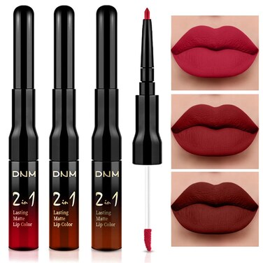 evpct 3Pcs Dark Ruby Light Brown Rose red Lip Stain Paint Matte Lip Liner and Lipstick Set Long Lasting labiales matte mate larga duracion listip 24 hours a prueba de agua mate 24 horas originales