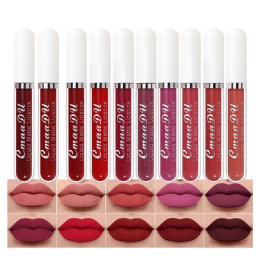 evpct CmaaDU 10Pcs Liquid Matte Matt Lipstick Set for Black Women, Dark Deep Bright Ruby Sexy Brick Mauve Plum Red Violet Purple Matte Lipstick Long Lasting Lipstick 24 hour Waterproof Lip Gloss Matte