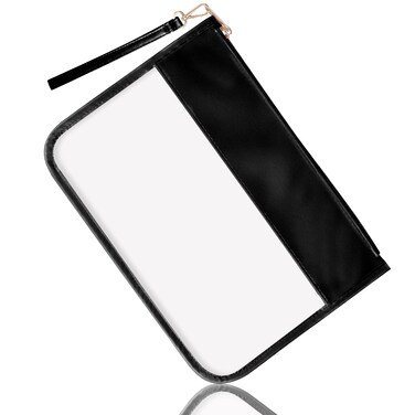 izuzta Clear PVC Flat Pouch, PU Travel Makeup Bag Clear Zipper Pouch with Wristlet, DIY Chenille Letter Bag Waterproof Portable Clear Travel Toiletry Bag Cosmetic Pouch for Women Girls (Black)