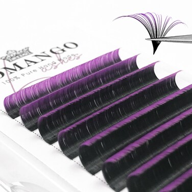 New Trend Ombre Colored Easy Fan Lash Extensions, 15-20mm Mixed Colored Lashes, Black Ombre Purple, 0.07mm C Curl, Self Fanning Volume, 2D-20D, Cruelty Free, Vegan, Pair, False Eyelashes