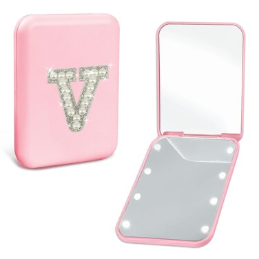 Personalized Pocket Mirror with Lights Travel Accessories Cute Pink 2-Sided LED Makeup Mirror with Magnification, Preppy Pearl Initial Small Portable Folding Compact Mirror for Purse (V)