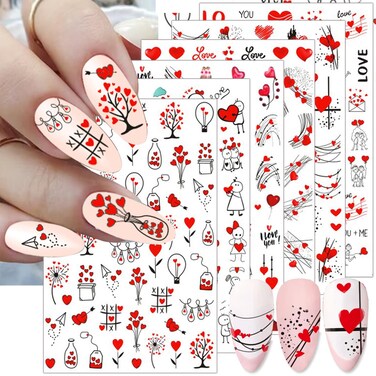 Cute Cartoon Valentines Nail Stickers for Women 3D Romantic Love Heart Nail Art Stickers for Nail Designs Red Heart Stickers for Nails Lines Hearts Valentine's Day Nail Decals for Nail Art Supplies