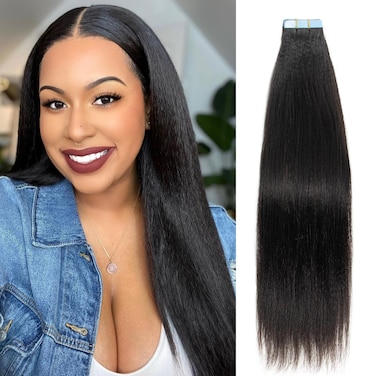18 Inch Tape in Hair Extensions Real Human Hair Light Yaki Straight Tape ins for Black Girls Women add Hair Length &amp;Volume Invisible Seamless Skin Weft Thick Soft #Natural Black 40g 20pcs/Pack