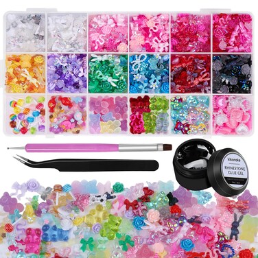 960 Pieces 3D Bear Candy Nail Charms Set Pink Black Flower Butterfly Lollipop Rabbit Charms for Nail Art, Craft and Decoration with Tweezer, Brush and Glue(Candy Bear 18 Grids with Glue)