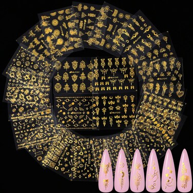 24 Pcs Gold Flowers Universe Nail Art Sticker, KISSBUTY Gold Flowers Stars Moon Nail Decals Thin Gummed Flowers Nail Adhesive Stickers Gold Constellation Starry Sky Nail Art Decor
