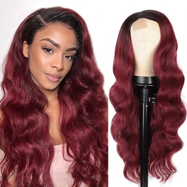 ASVNRES Lace Front Wigs Synthetic Artificial Human Hair Pre-Plucked Glueless Body Wave Frontal Wigs, Wine Red HD Transparent Lace Wigs High-Density Emulation for Black Women 26 Inch Curly Wigs