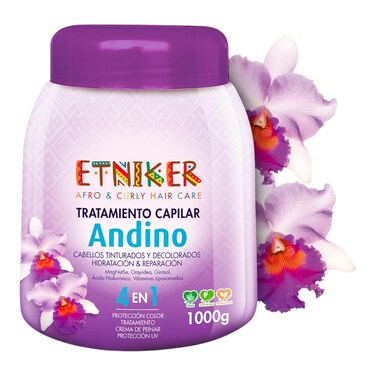 Etniker ANDINO 4-in-1 Treatment for Wavy &amp; Curly Hair. Hydration &amp; Repair for Dyed &amp; Bleached Hair. Hair mask with Hyaluronic Acid, Liposomal Vitamins, Orchid &amp; Sunflower. Frizz &amp; Color Care. 33 oz