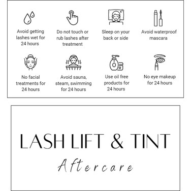 Lash Lift and Tint Aftercare Card   50 Pack   2x3.5 Inch Card Size   Lash Lift and Tint, White Design with Simple Illustration &amp; Instruction