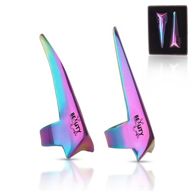 Beauty &amp; Crafts 2PC Pro Hair Parting &amp; Sectioning Rings-Stainless Steel Finger Tool for Precise Hair Styling and Extension Installations - Inculde Straight &amp;Curved Ring with Box (Multi Rainbow)