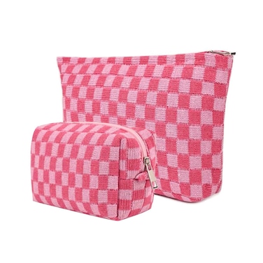 2Pcs Makeup Bag for Women Checkered Cosmetic Bag Set Travel Toiletry Bag Makeup Pouch Cute Makeup Bag for Purse Zipper Storage Bag Brushes Aesthetic Accessories Girls Car Essentials Bag(Rose Red)