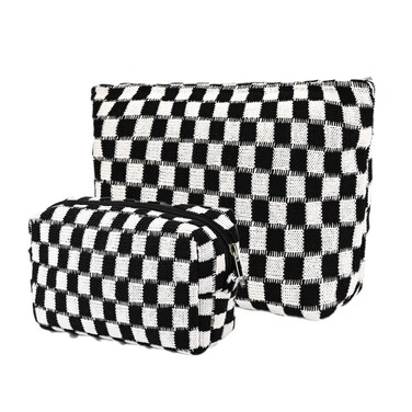 2Pcs Makeup Bag for Women Checkered Cosmetic Bag Set Travel Toiletry Bag Makeup Pouch Cute Makeup Bag for Purse Zipper Storage Bag Brushes Aesthetic Accessories Girls Car Essentials Bag(Black)