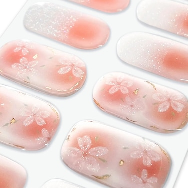 Semi Cured Gel Nail Strips, UV Nail Art Stickers, Gel Nail Wraps, Cherry Blossom, Pink, UV Curing Capability, 20pcs