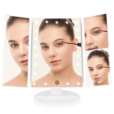 Vanity Makeup Mirror with Lights and Magnification, 3 Way Mirror, Trifold Portable Mirror, 1X 2X 3X Magnification, Two Power Supply, Espejo con luz para maquillaje (White)