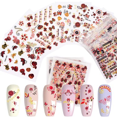30 Sheets Butterfly Nail Art Stickers Red Gold Different Lines Rose Shape, 3D Self-Adhesive Flowers French Tips Nail Decals for Women Girls Kids (Pack of 1)