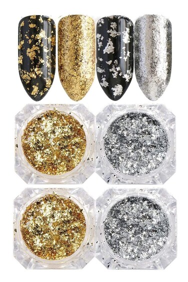 Nail Foil Holographic Glitter Nail Powder Kit Nail Art Gold Silver Glitter Aluminum Flakes Magic Mirror Effect Powders Sequins Nail Gel Polish Chrome Pigment Decorations 4 Box/Set