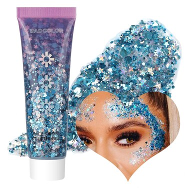 Blue Face Body Glitter Gel, Holographic Shimmer Chunky Glitters Makeup for Hair Nails Eye Lips, Music Festival Concert Rave Accessories Party, Long Lasting Sparkling Mermaid Sequins Gel Kit